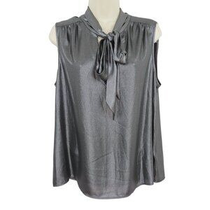 Calvin Klein Womens Large Metallic Silver Gray Sleeveless Neck Tie Shirt Blouse